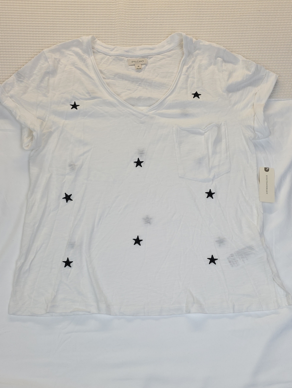 Pilcro White Short-Sleeve V-Neck Tee with Black Star Motif XS